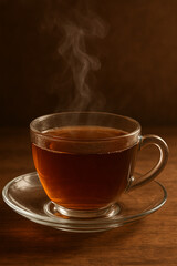 Hot tea freshly served in a ceramic cup with rising steam and soft lighting, creating a cozy, relaxing mood in a minimal kitchen setting