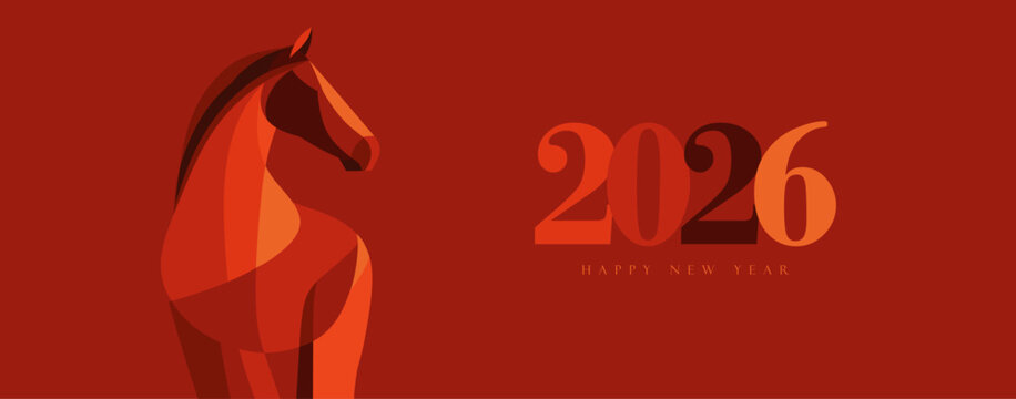 Stylized vector illustration for 2026 New Year with a geometric horse silhouette. Ideal for Chinese zodiac, equestrian themes, or festive designs with bold red and orange tones.

