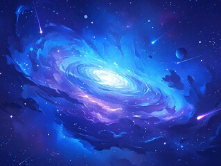 Fantasy Cosmic Vortex with Nebula Glow and Starlight Particles, Dark-to-Light Blue Gradient Space Background
