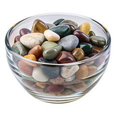 A clear glass bowl filled with a variety of colorful, smooth, natural stones and pebbles isolated on transparent background