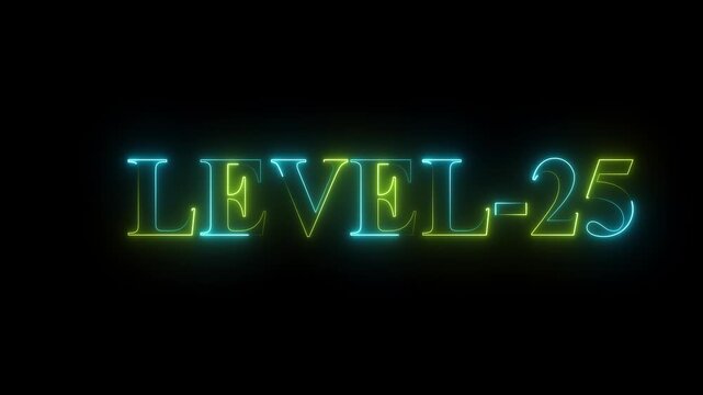 Glowing neon level five 25 text animation video on black background 4k motion video
