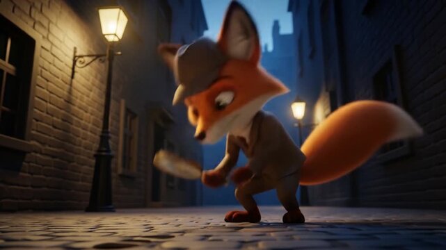 Cartoon Fox Detective Investigating a Crime Scene in a Dark Alleyway at Night