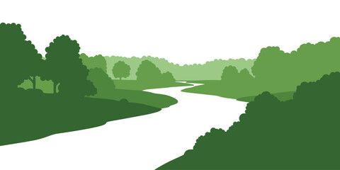 Green Landscape with River Silhouette Style. Forest and River Scenery. Vector Illustration