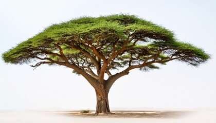 isolated umbrella shaped acacia tree with delicate branching and dense green canopy standing against a white background often found in african savannas and dry landscapes