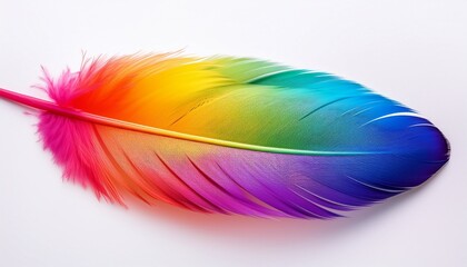 a vibrant colorful feather with a rainbow gradient against a white background