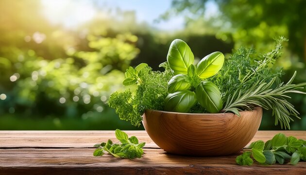 fresh green herbs in a rustic wooden bowl on weathered wooden table with blurred garden background