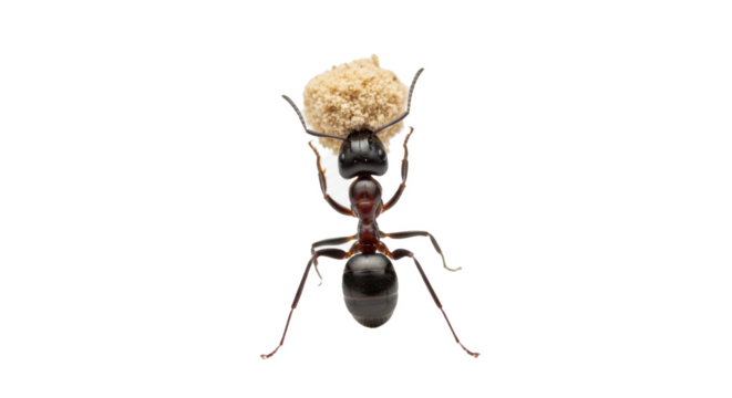 A close up of an ant carrying a large piece of food on its head against a black background image