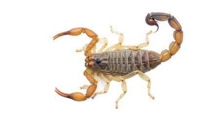 Isolated scorpion with segmented body and curved tail on a black background in a studio shot