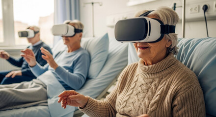 Senior citizens in hospital beds using virtual reality headsets, joyful expressions and therapeutic technology
