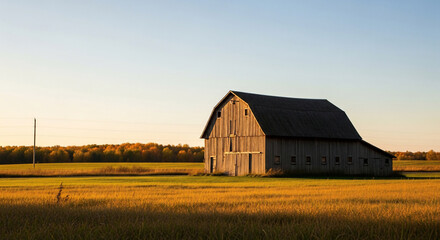 Obraz premium Rustic Wooden Barn in Golden Field at Sunset in Rural Countryside