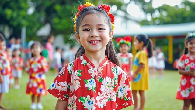 A joyful girl in a floral costume smiles at a festive outdoor event.