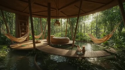 Tropical bamboo spa retreat in a lush forest.