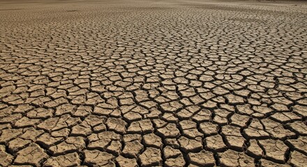 Cracked Dry Soil Texture Under Harsh Sunlight with Irregular Patterns and Earthy Colors in a Parched Landscape