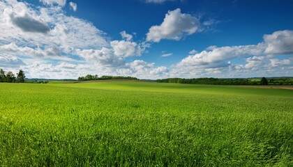 Obraz premium lush green field under a blue sky with fluffy clouds idyllic rural landscape perfect for nature backgrounds