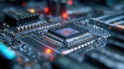 Closeup medium shot highlighting the intricate quantum chip on a burnin testing rack crisp details of chip contacts in sharp focus while surrounding components softly fade out.