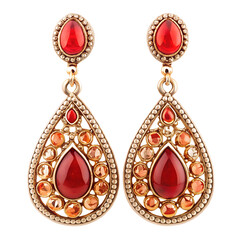 Elegant ornate gold drop dangle earrings with red gemstones and intricate metalwork isolated on transparent background