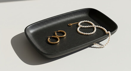 Minimalist jewelry tray with gold hoop earrings and pearl necklace