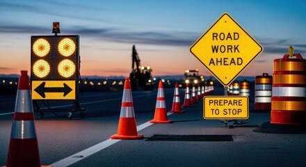 Traffic control setup featuring cones and signage ensuring safe passage through a repaired road segment.