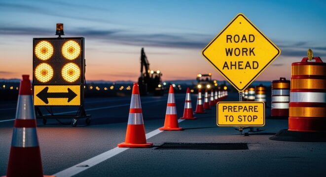 Traffic control setup featuring cones and signage ensuring safe passage through a repaired road segment.