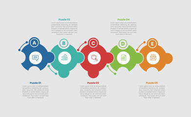 puzzle jigsaw shape base infographic diagram with big circle cut connection on horizontal direction with 5 step for slide presentation