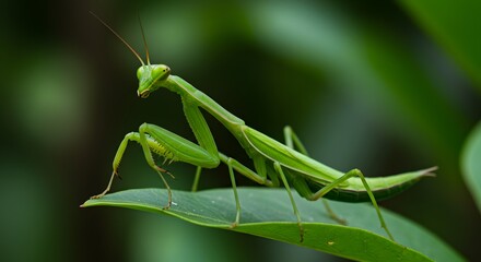 Emerald Mantis on Leaf: A vibrant, emerald-green praying mantis rests gracefully on a fresh leaf, showcasing its unique form and presence in the embrace of nature's beauty.