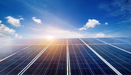 solar panel with sunlight and blue sky background