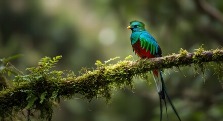 Fototapeta premium Resplendent Quetzal in Habitat: The Quetzal, a stunning bird with vibrant plumage and long tail feathers, perched gracefully on a moss-covered branch within a lush rainforest.