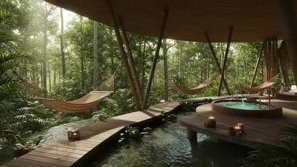 Tropical spa retreat with hammocks and hot tub