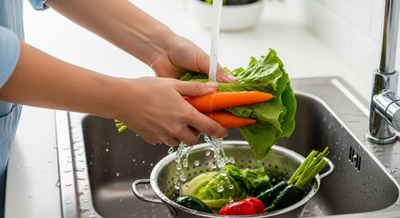 Hands Washing Fresh Vegetables Under Running Water in Kitchen Sink