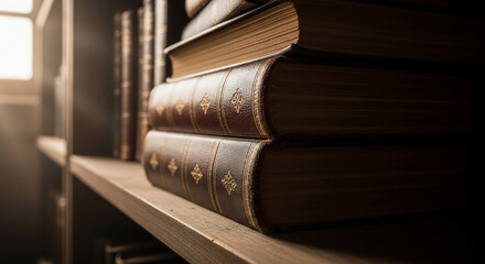 Timeless Wisdom: Stack of Antique Leather-Bound Books on a Wooden Shelf
