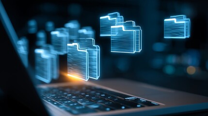 Digital file management concept with glowing folders floating above a laptop keyboard