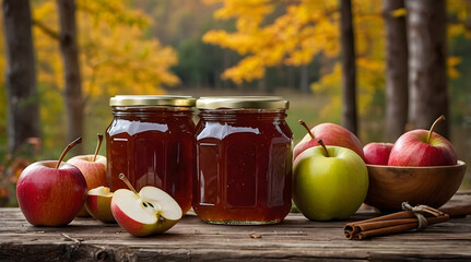 Hausgemachte Apfelmarmelade im Glas auf Holztisch