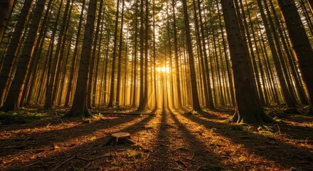 Obraz premium Enchanting Sunset Through Misty Pine Trees in a Serene Forest Landscape