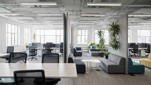 Modern open-plan office interior with colorful sofas, plants, and workstations under bright lighting