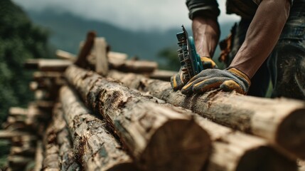 Closeup medium shot of a community volunteer examining wooden logs stacked illegally with focused details on hands and toolkit forest landscape softly out of focus behind.
