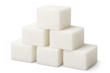 Sugar cubes balancing vertically in precise pyramid arrangement, displaying crystalline whiteness against clear backdrop