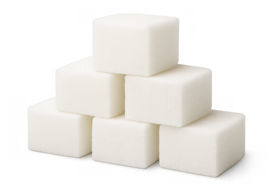 Sugar cubes balancing vertically in precise pyramid arrangement, displaying crystalline whiteness against clear backdrop