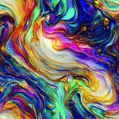 Cosmic Rainbow Marble Swirl with Gold Glitter – Abstract Background.flowing rainbow bands and deep blues streaked with shimmering gold specks, evoking a luminous cosmic nebula.