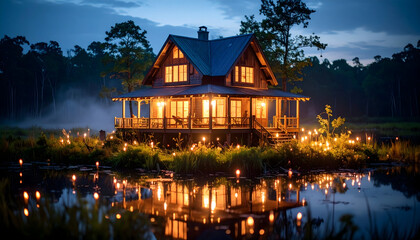 Fototapeta premium Rustic cabin pondside night
