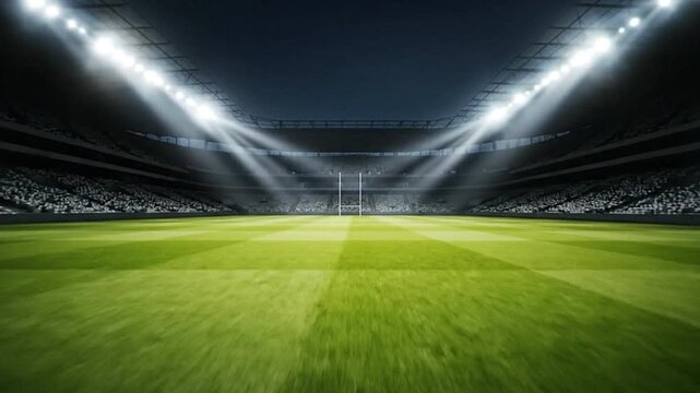 Stadium view green field goalposts center crowd visible bright lights overhead - Powered by Adobe