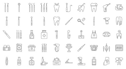 Dental instruments and tools icons set featuring various equipment for dentist and oral care treatment silhouette