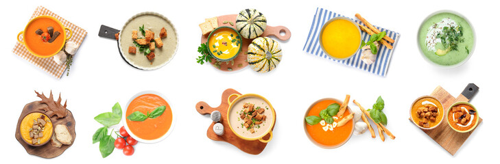 Set of different tasty cream soups on white background, top view