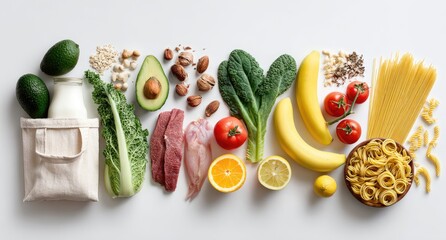 Flatlay showcasing diverse healthy foods including fruits, vegetables, protein sources, grains, and dairy, arranged on a white background