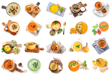 Set of different tasty cream soups on white background