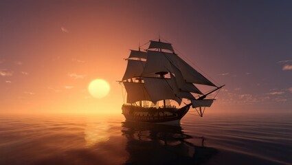 Majestic tall ship sailing at sunset over calm ocean waves