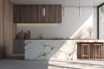 Modern minimalist kitchen interior with wood cabinets and white countertops in natural lighting, featuring clean lines and neutral tones. 3D Rendering. High quality