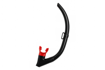 Diving mask featuring red mouthpiece, black snorkel against clear backdrop, representing marine recreational gear