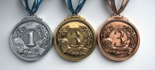 Gold, silver, and bronze medals with numbers 1, 2, and 3 representing ranking or achievement concept on white background. 3D Rendering. High quality