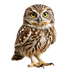 A small owl with bright yellow eyes and detailed feathers stands on transparent background