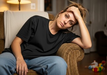 Exhausted and overwhelmed woman with dark circles under eyes, with look of deep sadness. Concept of of parental burnout, stress, anxiety, depression, mental health, challenges of motherhood